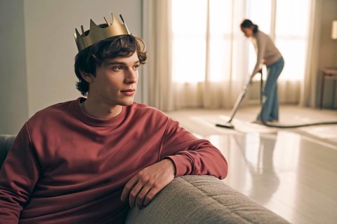 Portrait of teenage son wearing a golden crown while mother vacuums in background. Concept of