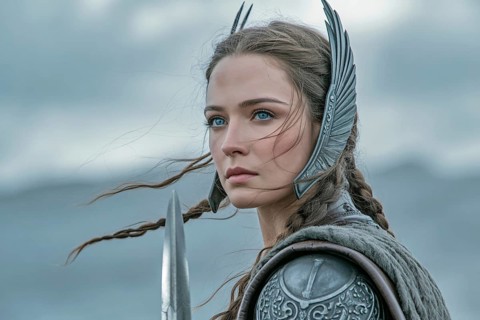 Close-up portrait of fierce valkyrie warrior with feathered helmet under grey sky. Symbol of mythic