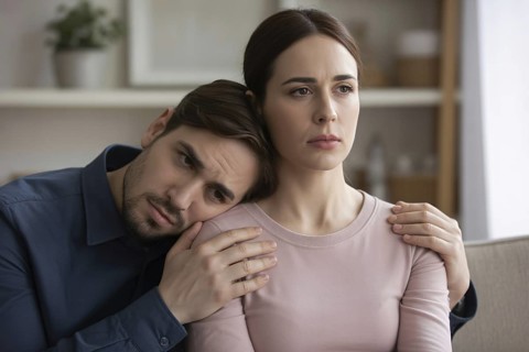 Man resting on woman's shoulder while she stares ahead. Concept of mankeeping and the emotional