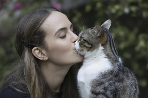 Woman gently kissing her pet cat. Expression of affection and emotional closeness in human–animal