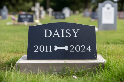 Traditional tombstone with bone for a dog in a pet cemetery. Memorial tribute for a beloved animal