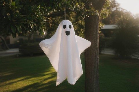 Funny white sheet ghost Halloween decoration hanging from tree. Concept of spooky seasonal