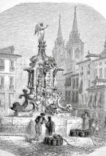 Fountain on Antonio Martin Square in Madrid in 1880, Spain, digitally enhanced reproduction from a