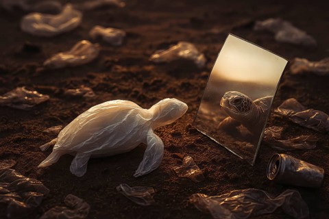 Plastic bag in the shape of a turtle, lying on dirty sand surrounded by plastic waste and looking