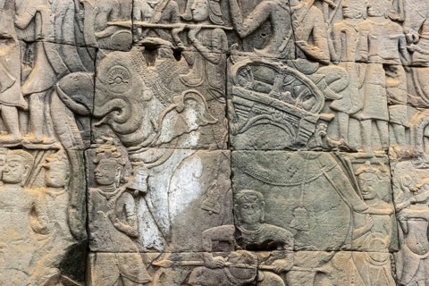 Stone bas-reliefs, Khmer war campaign against the Cham, relief wall, east façade, Bayon temple,