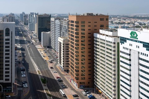 Skyscrapers and Sheikh Rashid Bin Saeed Street, Abu Dhabi, United Arab Emirates