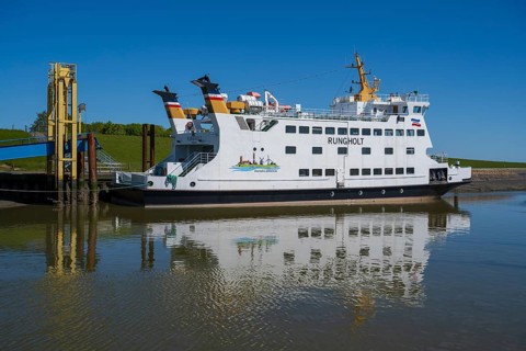 Ferry in the harbour, Tammensiel, Pellworm Island, North Frisia, North Sea, Schleswig-Holstein,