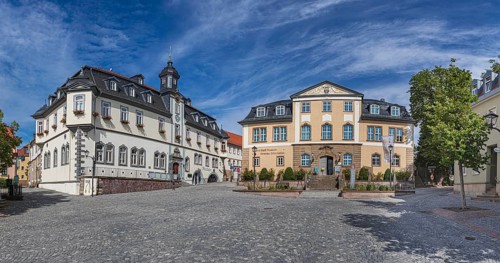 At the market with town hall and Göthe City Museum in Ilmenau, Thuringia, Germany
