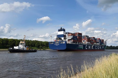 Container ship CMA CGM TIVOLI travelling through the Kiel Canal, Kiel Canal, Kiel Canal,