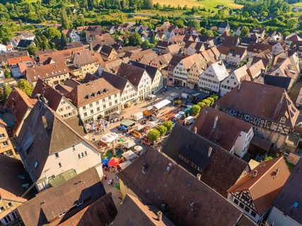 Aerial view of a village with red roofs and green surroundings in sunny summer light, 950 years