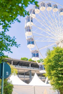 Ferris wheel and tents in an urban setting, framed by trees against a bright summer sky, Calw,