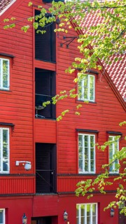 Norway, scenic Trondheim town. Bakklandet, a famous tourist travel destination with colorful houses