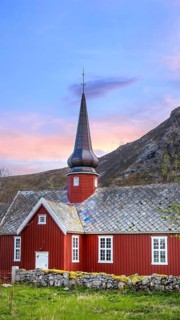 Flakstad Church near Flakstad in Lofoten Islands on the way to Reine fisherman village