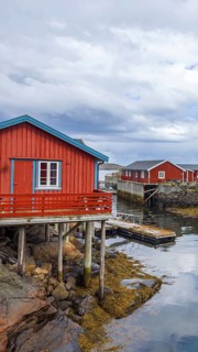 Scenic fishing village A in Lofoten Islands with authentic fishermen sheds and museum