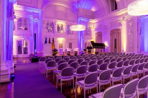 New Palace, White Hall. Interior view of the historic ballroom with festive lighting and rows of