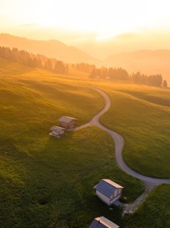 Mountain huts on gentle hills with scattered groups of trees in the light of the sunset, Alpe di