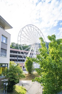 A building and trees in the foreground, behind which a Ferris wheel rises, Ferris wheel