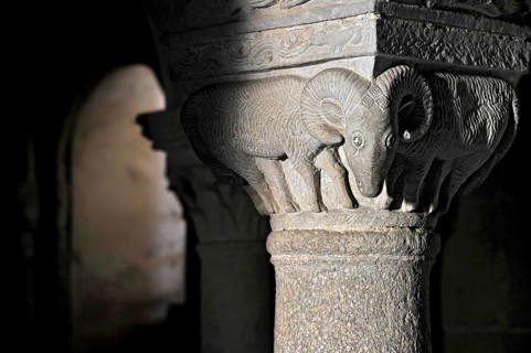 Column capital with ram, relief in stone, underground grove of columns, pagan crypt, 10th century,