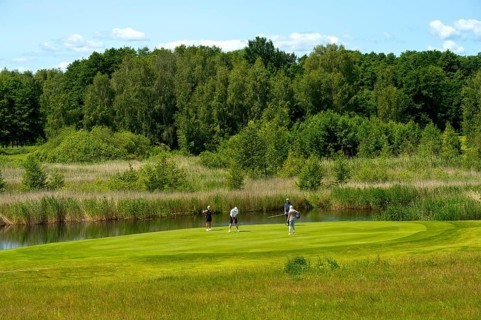 Golfers on the putting green of the golf course at the Golfhotel Balmer See Hotel-Golf-Spa, Balm,