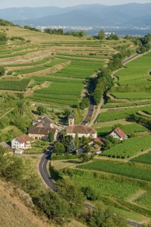 Het uitzicht toont een schilderachtig dorp omringd door uitgestrekte wijngaarden op de heuvels, met
