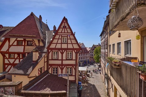 Historic half-timbered houses, residential buildings, gables, pointed roofs, façade, window,