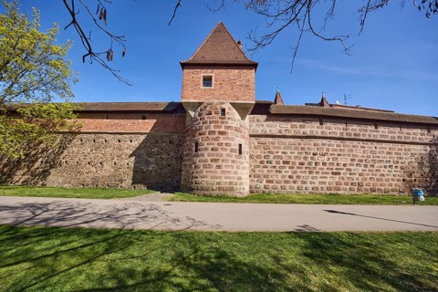 Old town, city fortification, city wall, defence defence tower, footpath, tree, lawn, blue sky,