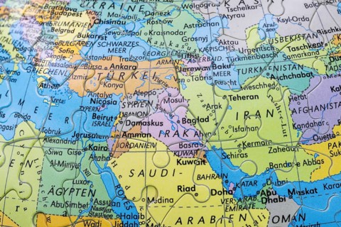 Puzzle globe. Map made from puzzle pieces. Turkey, Israel, Mediterranean, Iran