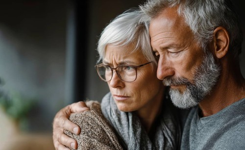 Senior couple grieving. Senior couple with health concerns or trouble in their lives or family, AI
