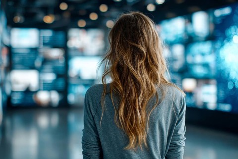 Concept of future entertainment and communication. Attractive young lady looking at wall of TVs, AI