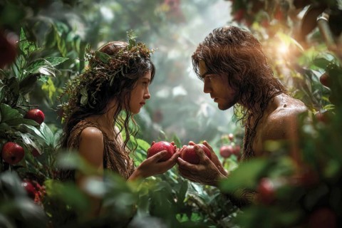 Bible story of Adam and Eve in Paradise Garden of Eden. Legend of Original sin and Temptation.
