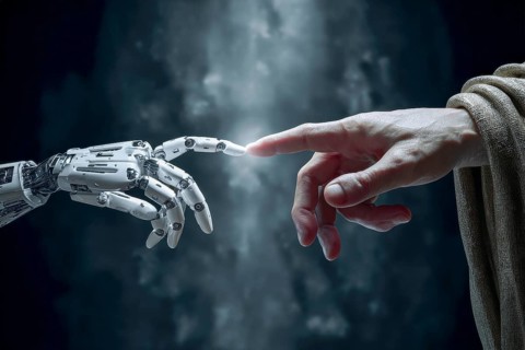 Concept of human and AI Artificial intelligence cooperation and coexisting while increasing