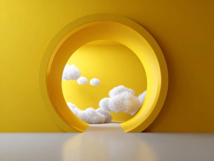 Abstract minimal yellow background with white clouds flying out the tunnel. Entrance to heavens, AI