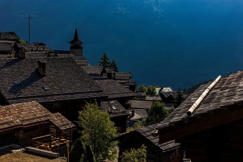 Shingle roofs at dawn, historic village centre, Grimentz, Val d'Anniviers, Valais Alps, Canton