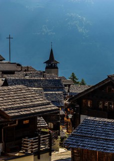 Shingle roofs at dawn, historic village centre, Grimentz, Val d'Anniviers, Valais Alps, Canton