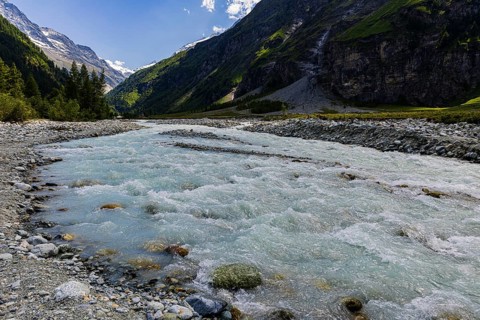 Torrential mountain stream La Navisence in the Zinal valley, Val d'Anniviers, Valais Alps, Canton