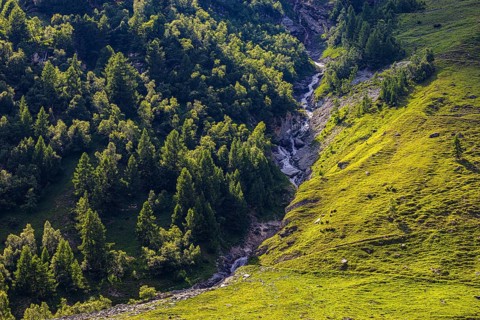 Waterfall cascading down the Zinal valley, Val d'Anniviers, Valais Alps, Canton Valais, Switzerland
