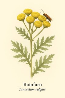 Botanical illustration of a soldier beetle (Rhagonycha fulva) on the native tansy (Tanacetum