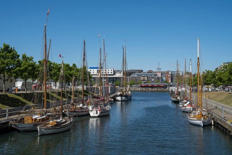 Sailing boats in Germaniahafen, museum harbour, Kiel, Kiel Fjord, Baltic Sea, Schleswig-Holstein,
