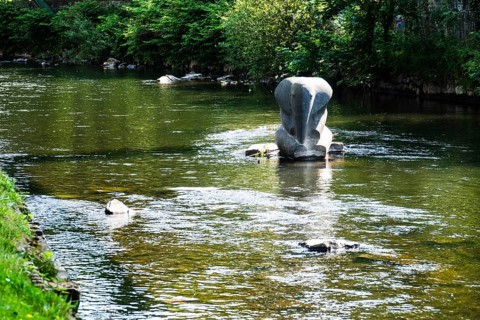 A suspension railway at the crash site of Tuffi the elephant. A sculpture of an elephant stands in