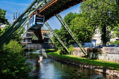 A suspension railway over the Wupper near the Adlerbrücke stop, Wuppertal, Germany