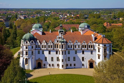 Celle Castle seen from above from the church tower, Celle, Lower Saxony, Germany