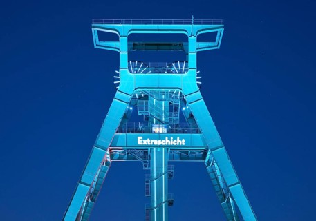 Illuminated headframe of the German Mining Museum at Extraschicht, Bochum, Ruhr area, North