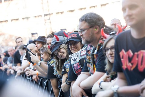 Fans in the front row in front of the concert of AC/DC live on Power Up Tour 2025 at the