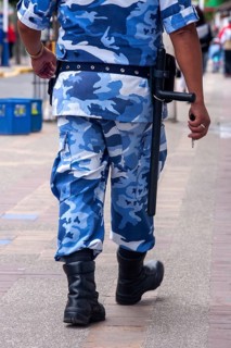 Policeman walking in the street, From behind, City of Quito. Pichincha province, Ecuador, South