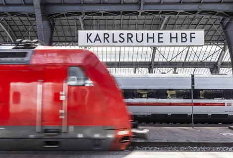 Karlsruhe main station with station sign and ICE. Karlsruhe, Baden-Württemberg, Germany