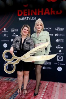 Janine Becker (owner) and Uff at the VIP opening of the new Deinhard Salon Am Mühlanger 3, Berlin,
