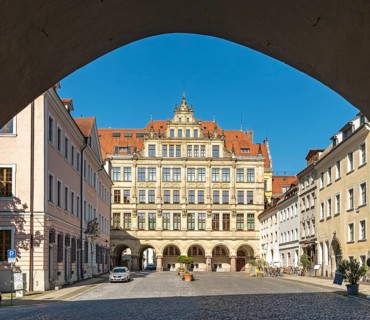 View of the Lower Market Square and the New Town Hall of Görlitz, Goerlitz, Germany