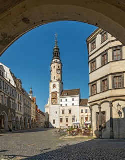 View of Untermarkt - Lower Market Square and the Old Town Hall Clock Tower, Görlitz, Goerlitz,