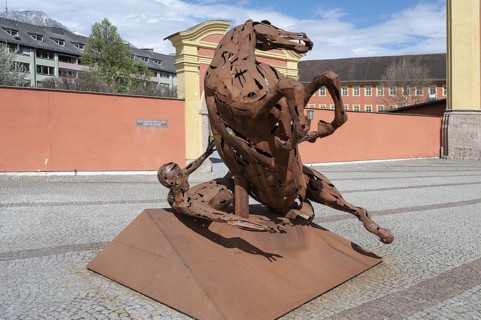 Horse sculpture by Christian Moschen, The New Robe, erected in front of Wilten Abbey in 2015,