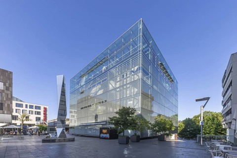 Small castle square with the striking building of the art museum. Stuttgart, Baden-Württemberg,